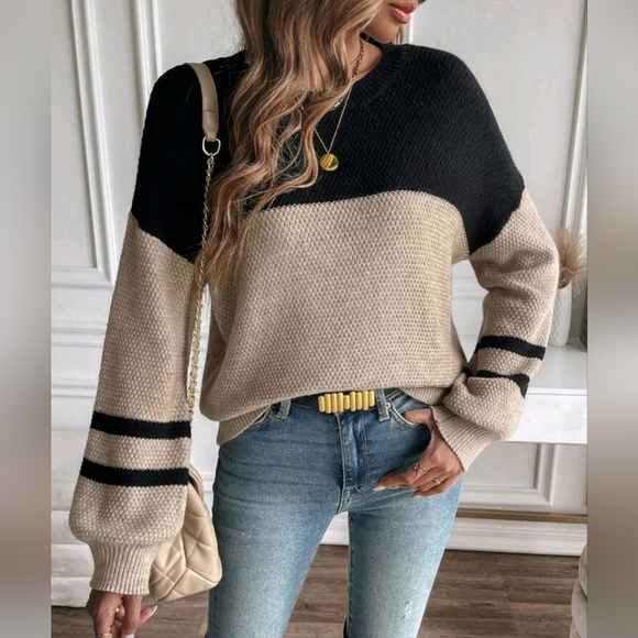 * New Textured Knit Color Block Striped Sweater Top Pullover Tan Black,All Products : American Fashion Style Bags On Sale